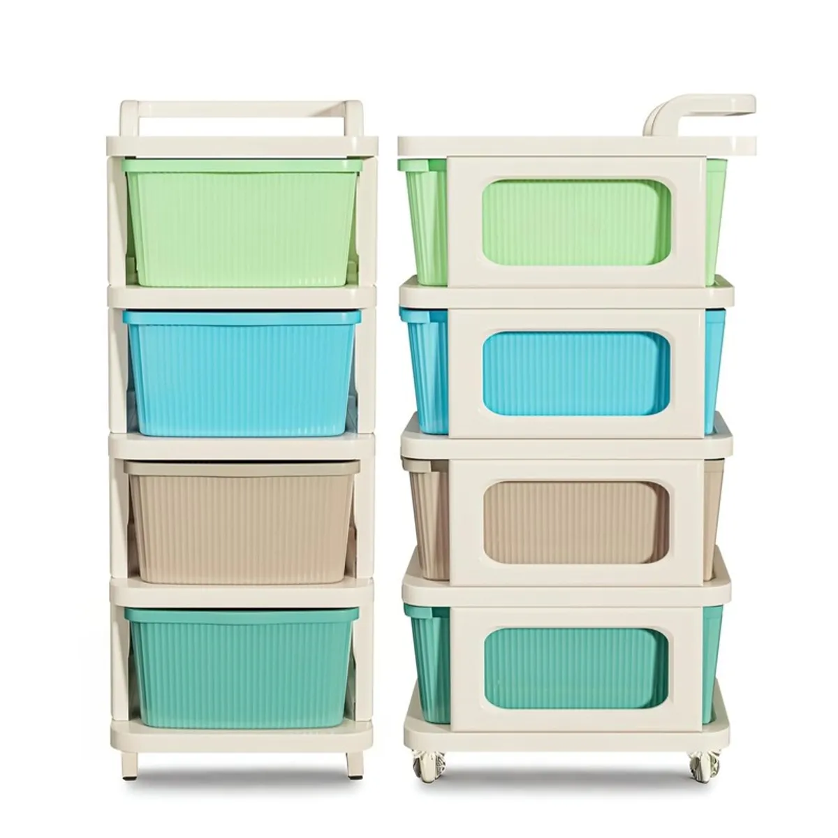 Front and side views of a four-tier cream-framed storage rack with colourful drawers
