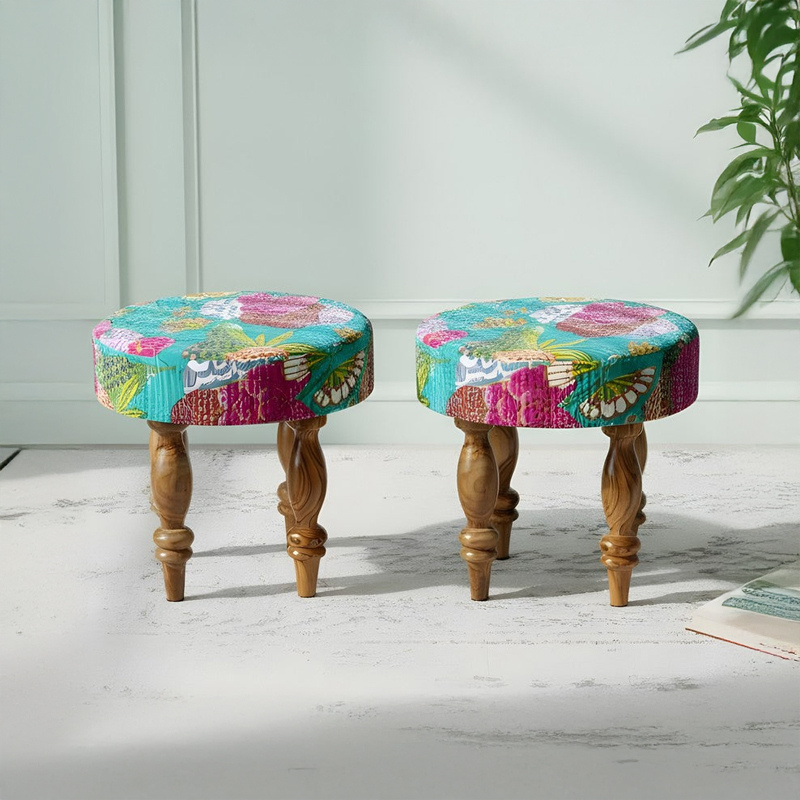 Qirox Sheesham Wooden Stools (Multicolor) - Set Of Two