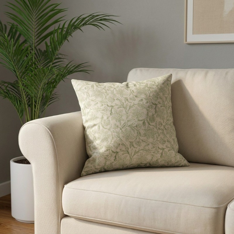 Flora Glow Printed Cotton Cushion Cover - White,Green