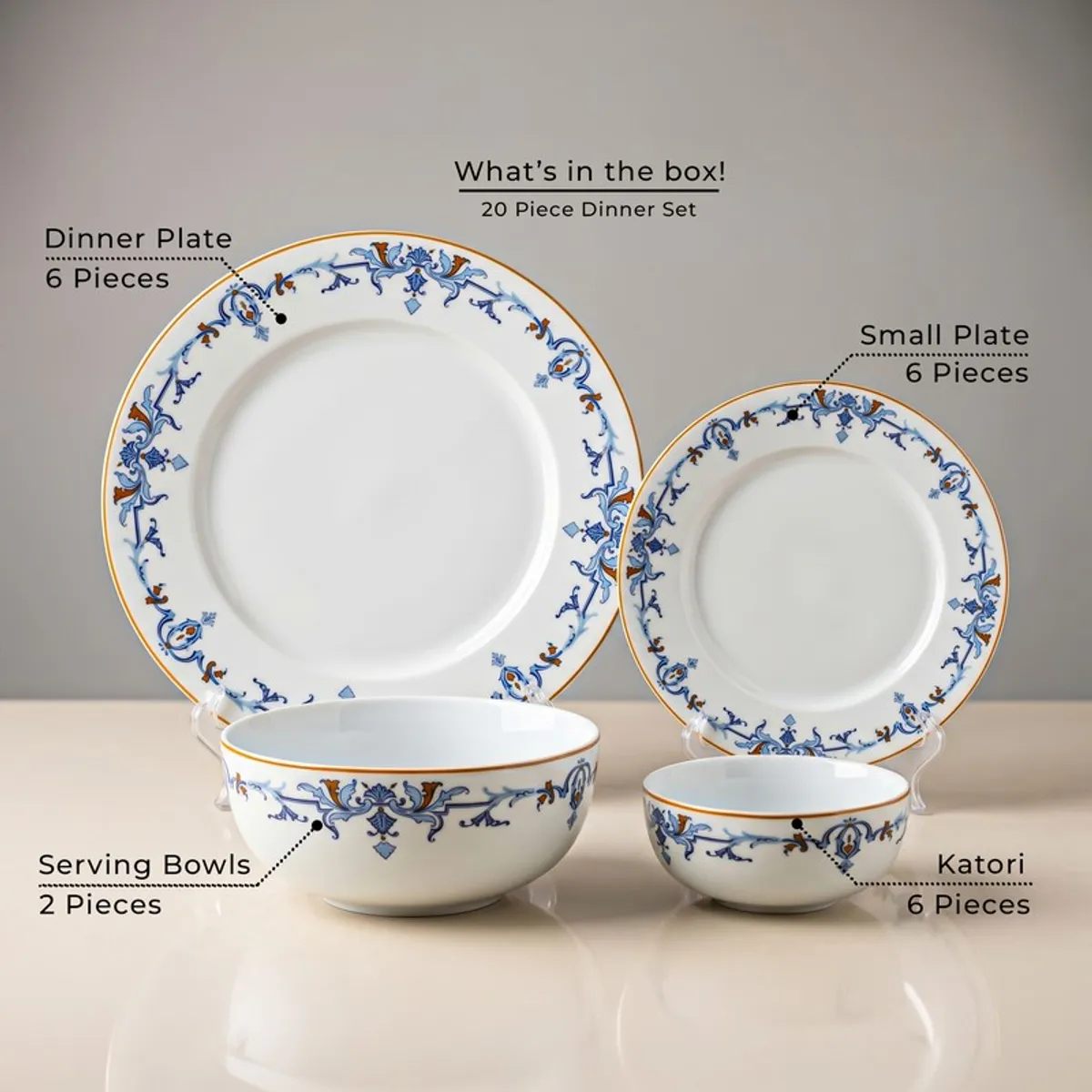 Blue and white dinner set pieces including plates, bowls and katoris
