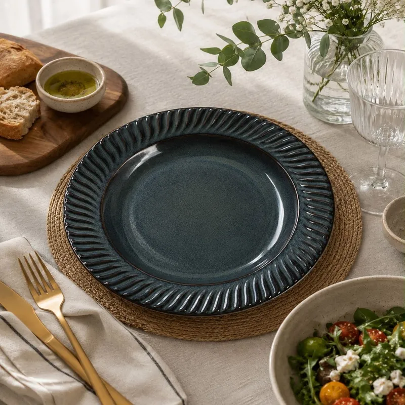 Empty dark blue glossy pasta plate on a woven dining mat