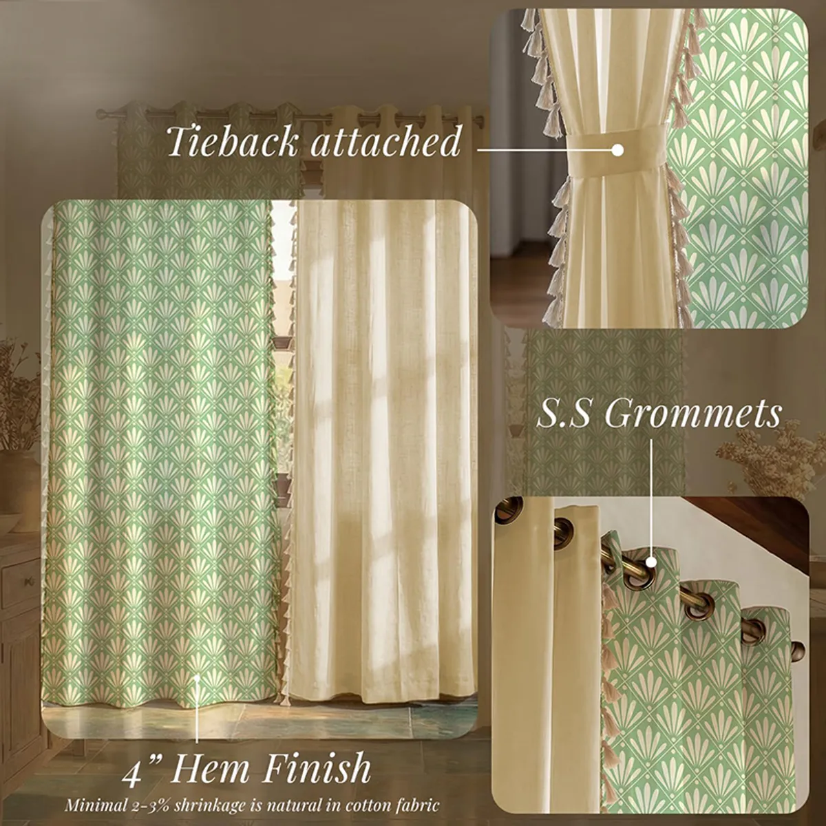 Curtain close-up showing eyelets, tieback and tasselled side trim