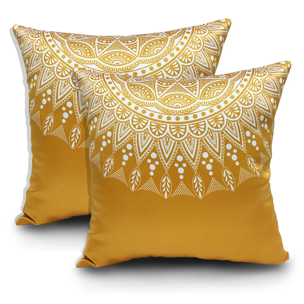 Two yellow square cushion covers with white mandala patterns on a white background