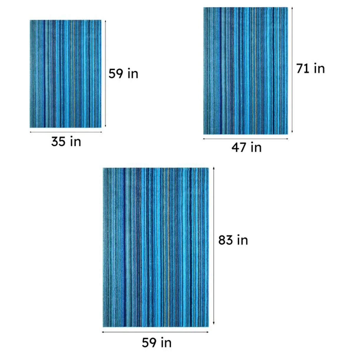 Blue striped carpet size diagram showing three rectangular size options