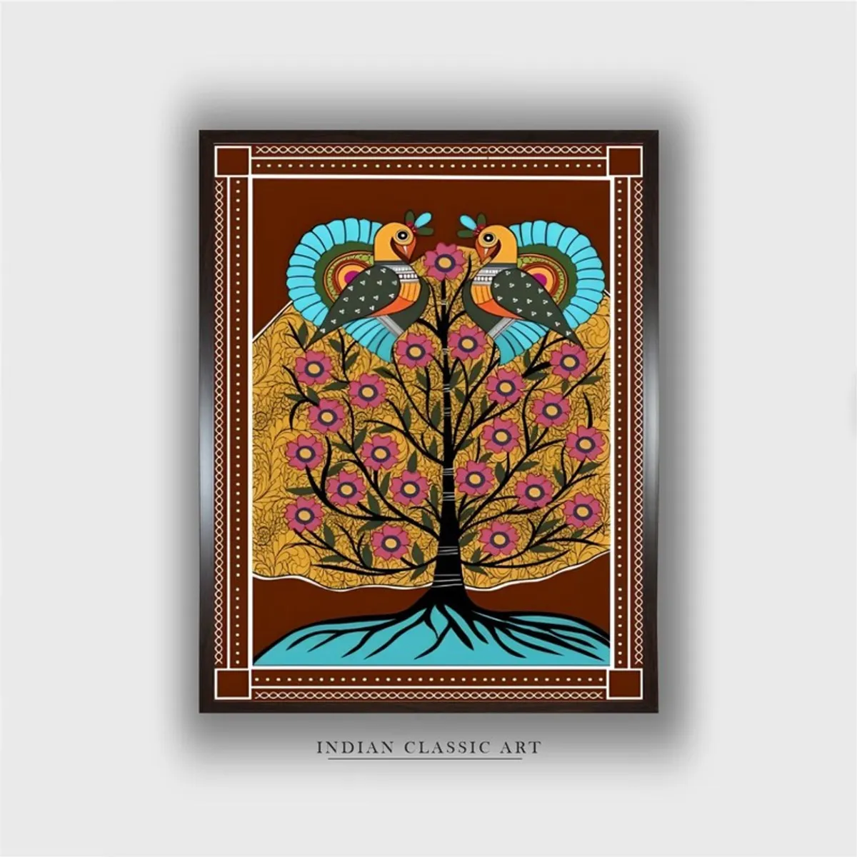 Front view of framed multicolour folk tree and birds canvas wall painting
