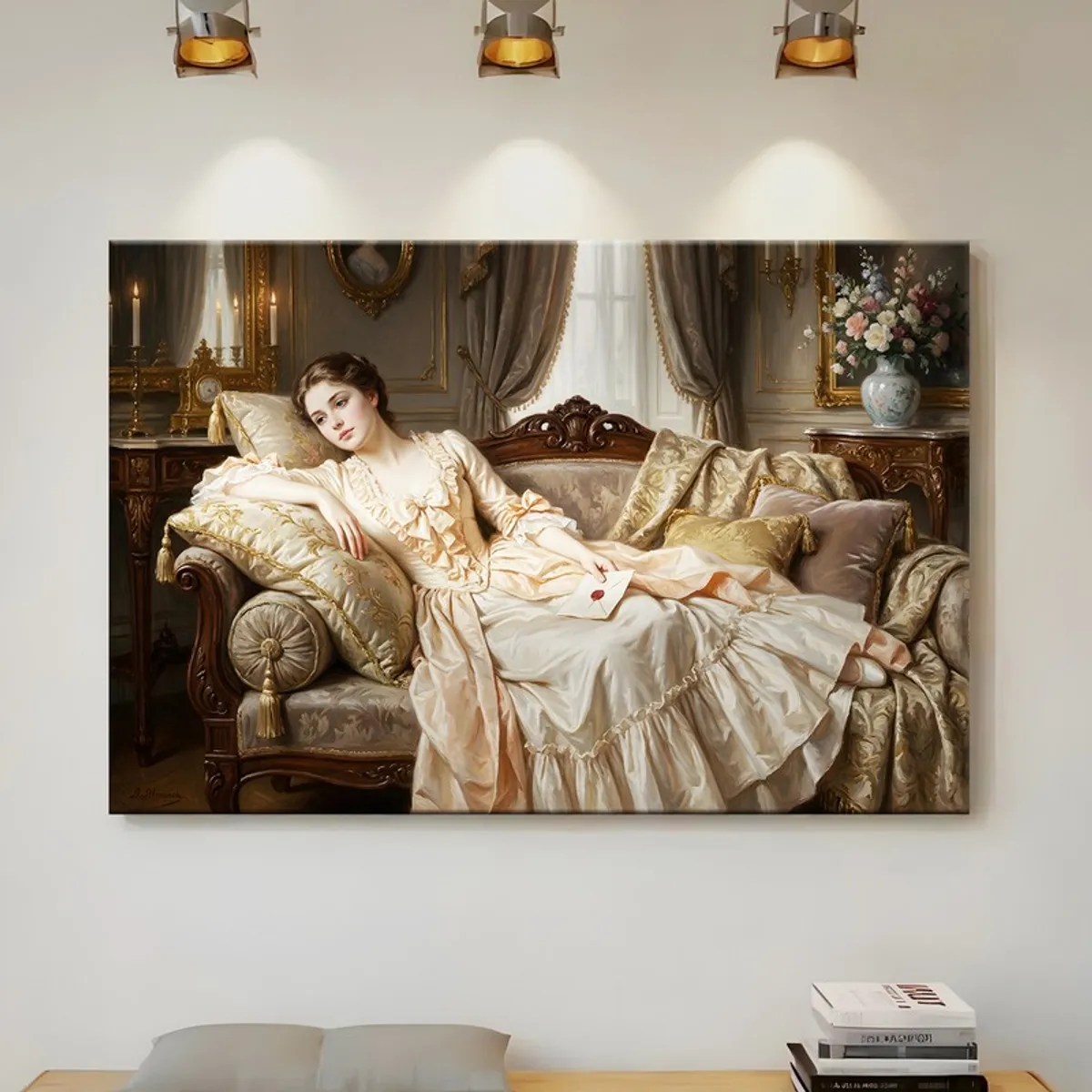 Gallery-style wall display with figurative vintage canvas art under spotlights