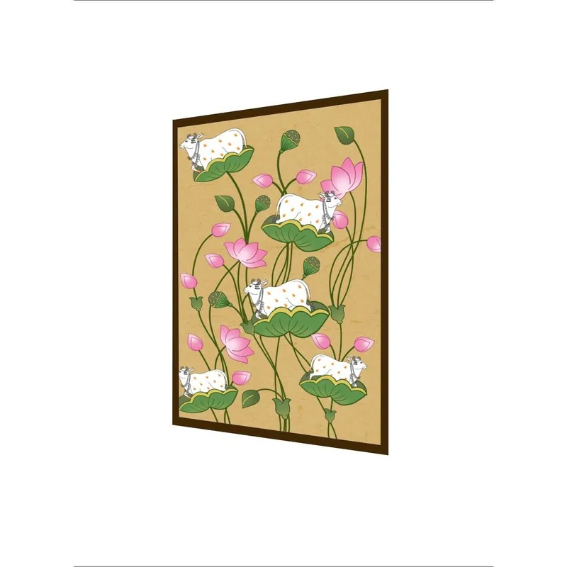 Angled view of framed canvas painting with cows resting on lotus leaves