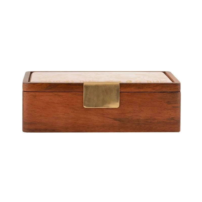 Front view of a closed brown wooden masala box with a gold latch