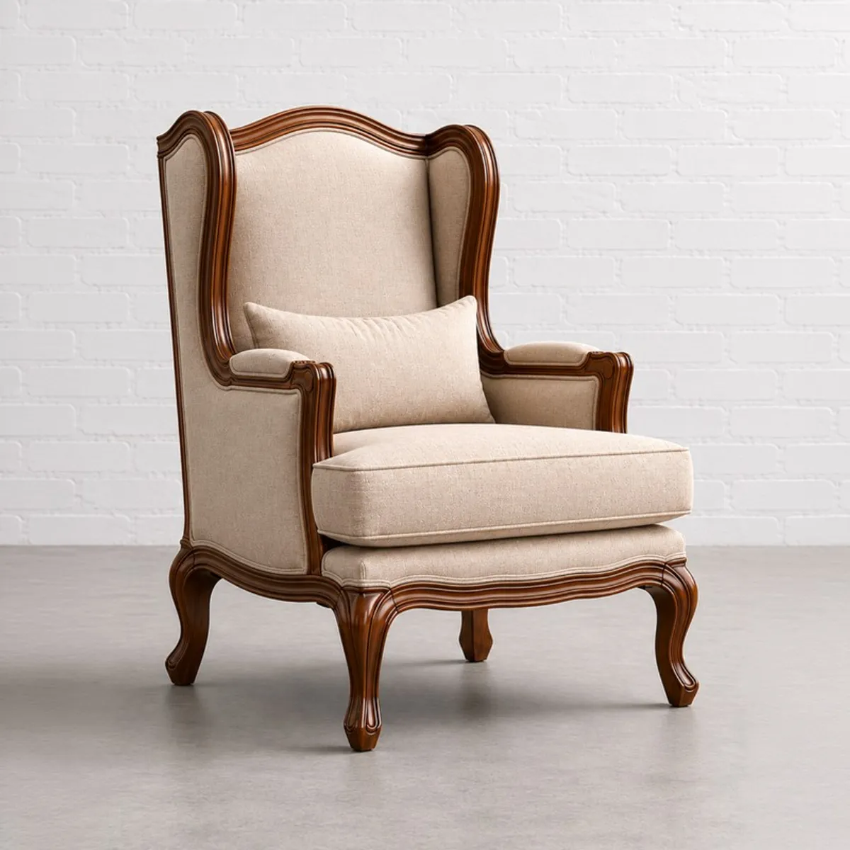 Angled view of brown teak wood and off-white lounge chair