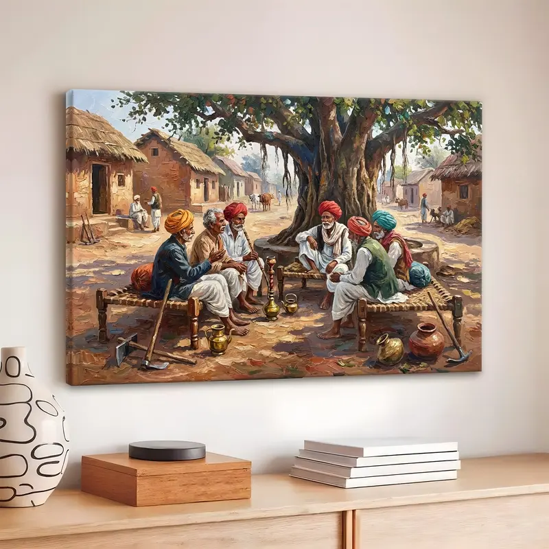 Banyan Tree Village Gathering Canvas Wall Painting