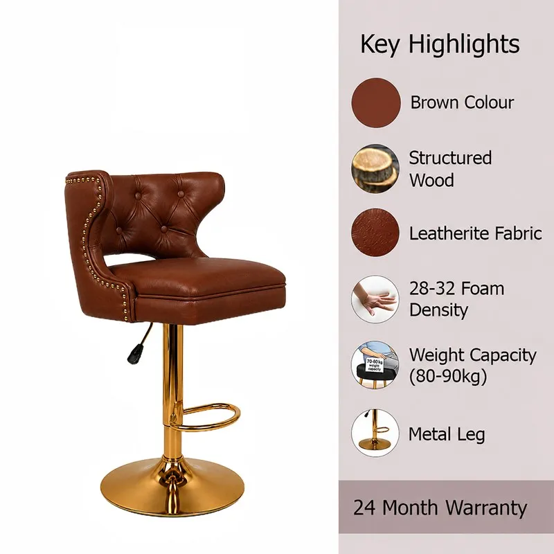 Maroon swivel bar stool shown beside a highlights panel in a product image.