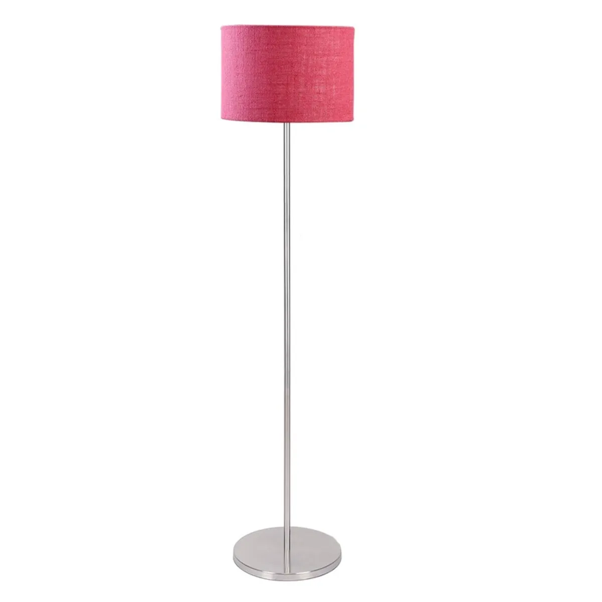 Pink jute floor lamp with slim steel stand on a white background