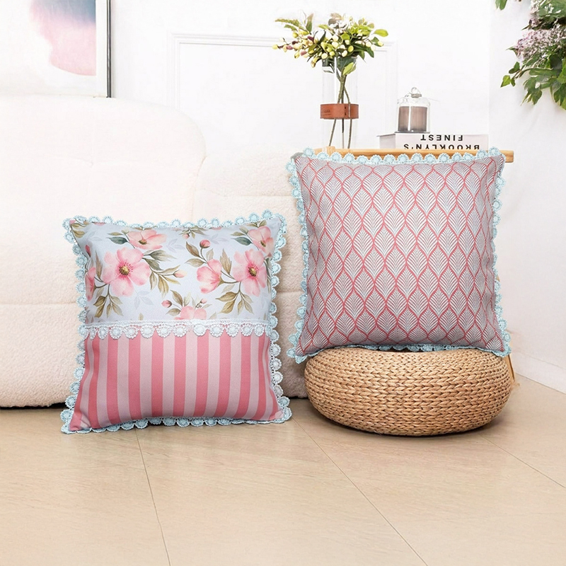 Striped Floral Printed Cushion Covers - Set of Two - 16 x 16 Inches