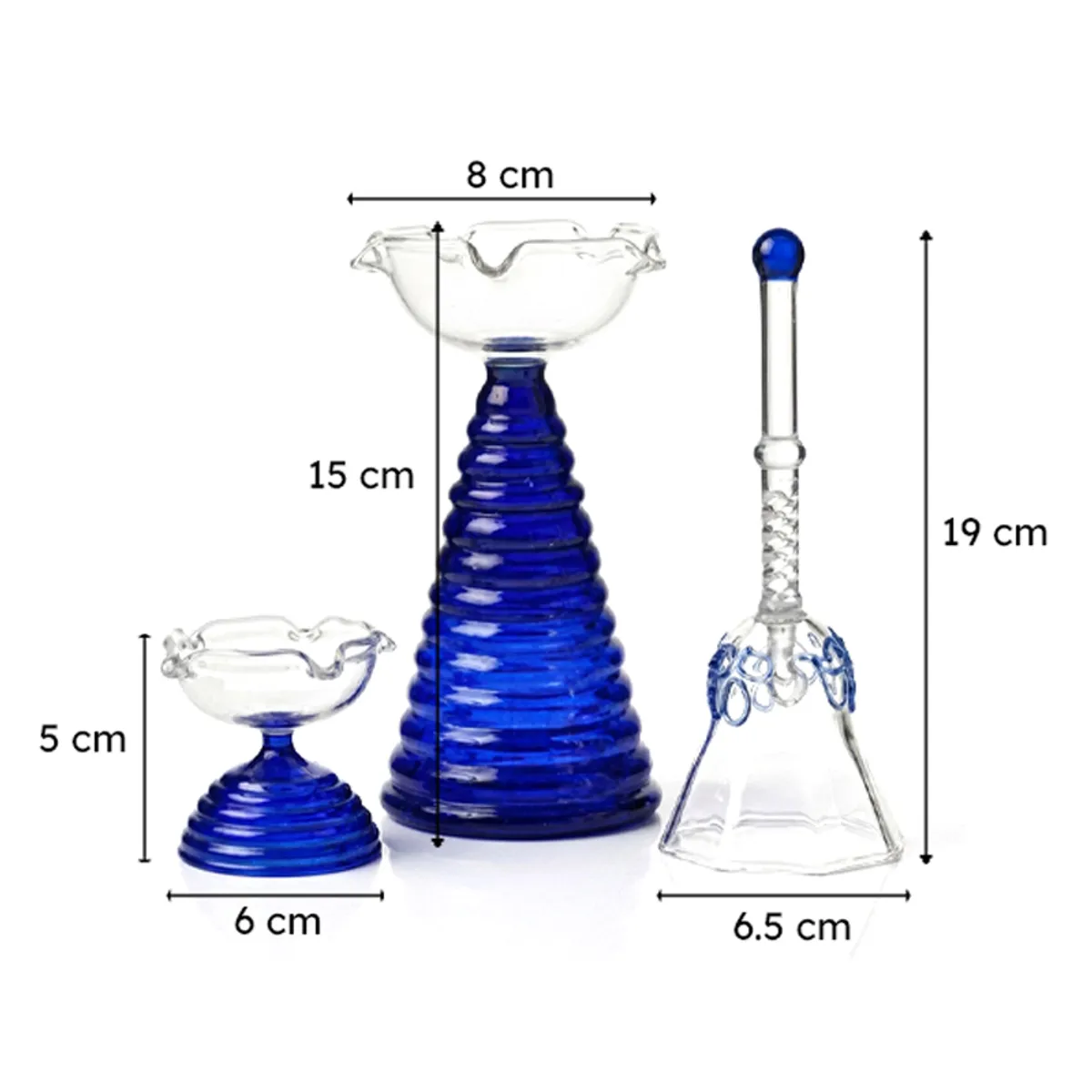 Glass diya and pooja bell set with measurements shown in centimetres