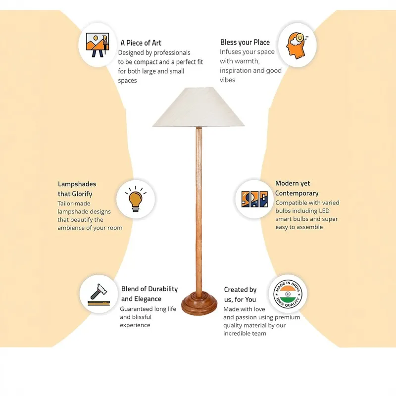 Wooden floor lamp with an off-white cone shade on a white graphic background with illustrated icons.