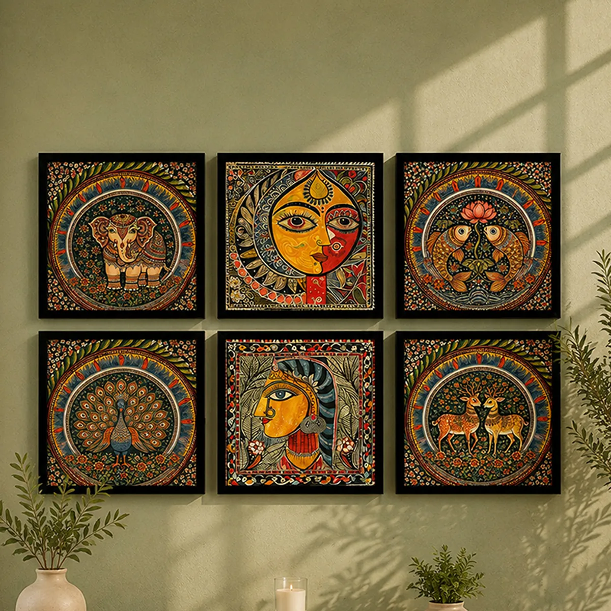 Six multicolour framed wall paintings displayed in a grid on a green wall