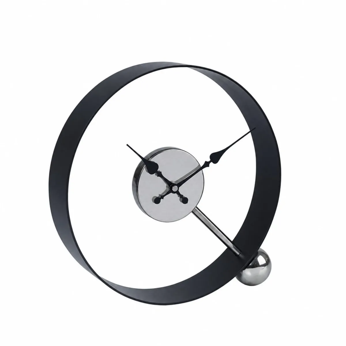 Front view of silver and black round iron table clock
