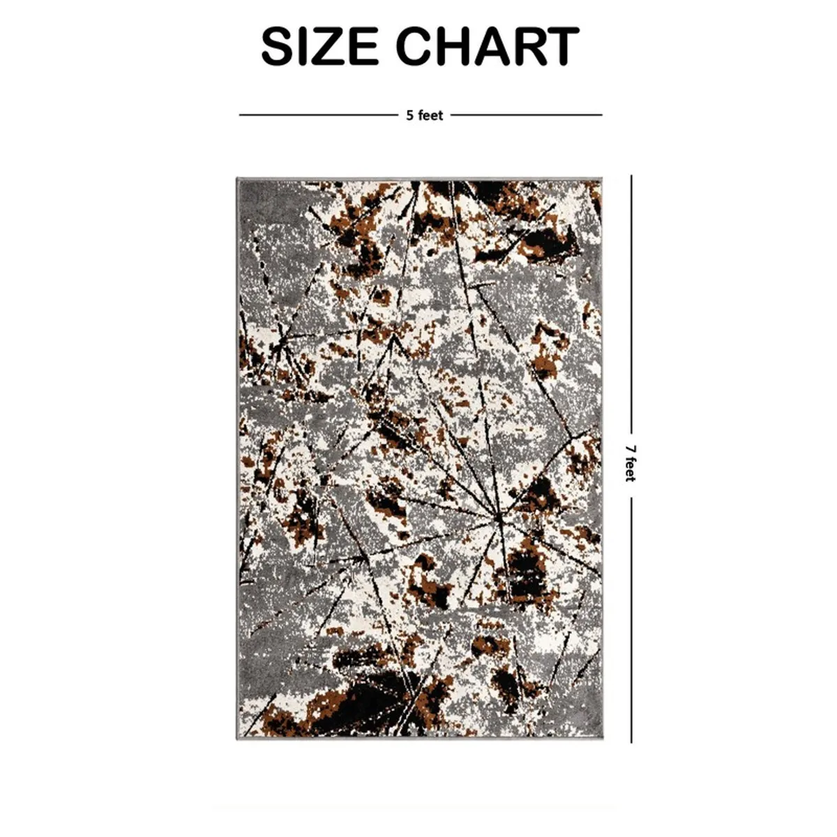 Grey and brown abstract rectangular carpet shown flat in a size chart layout