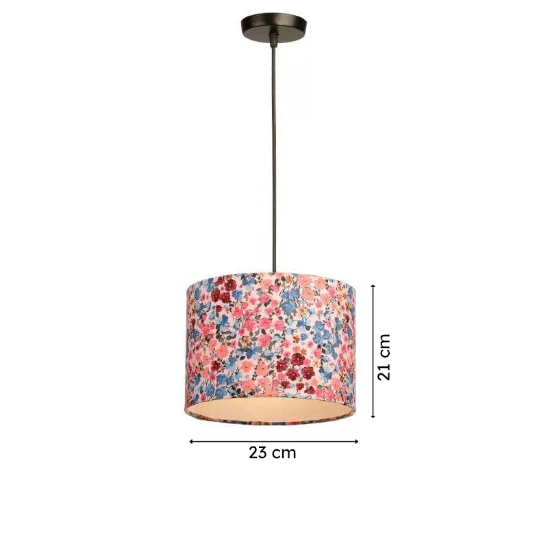 Multicolour floral fabric ceiling lamp with a cylindrical shade on a white background.