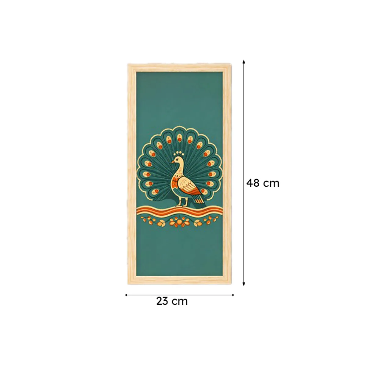 Single framed peacock wall art panel with teal background and light wood-look frame