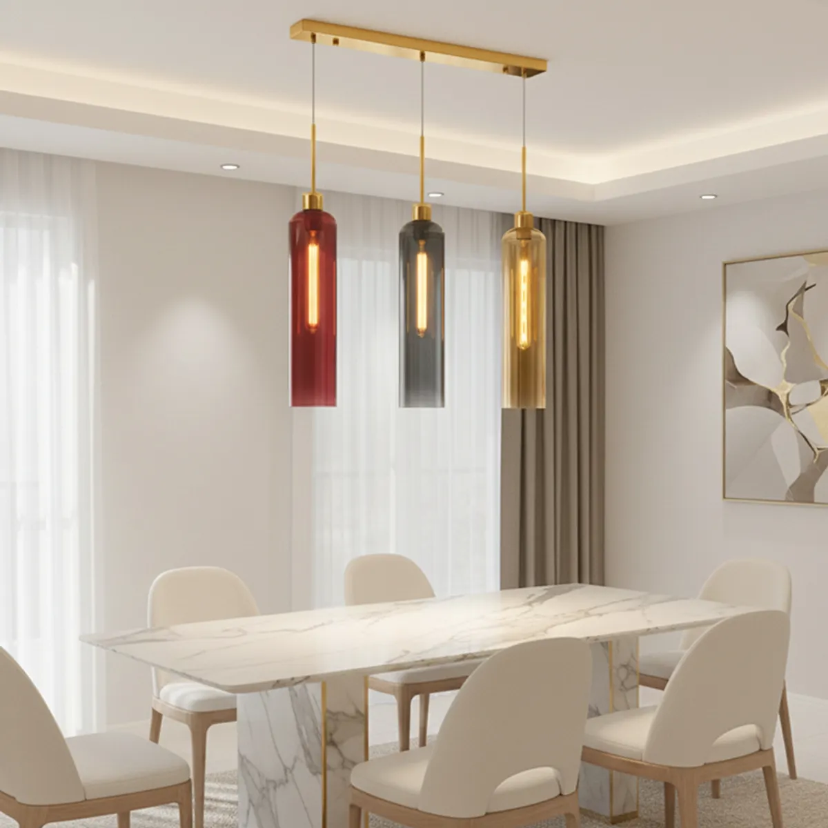 Three-colour tubular pendant lamp hanging above a dining table
