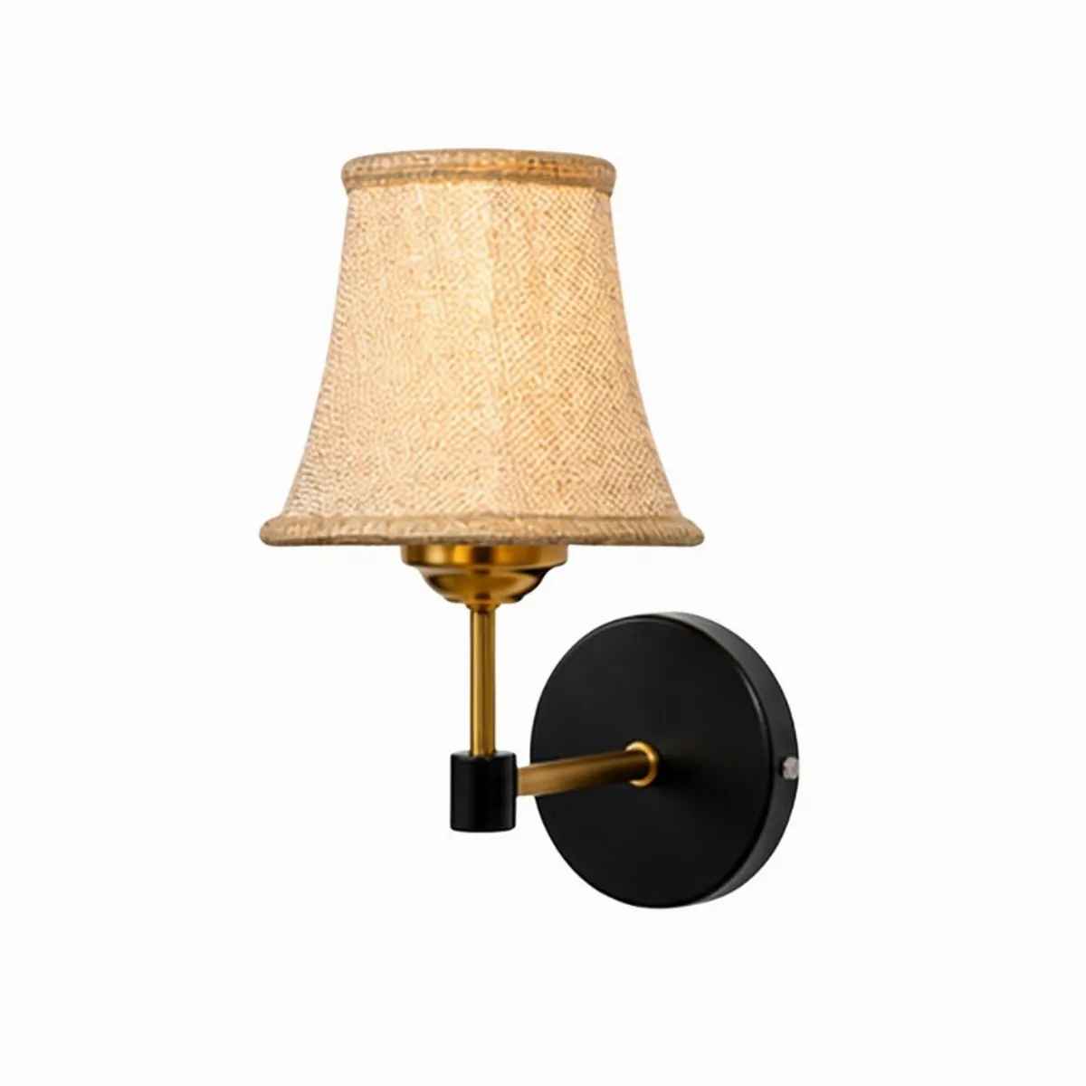 Angled view of beige jute shade with black and gold-toned metal fitting
