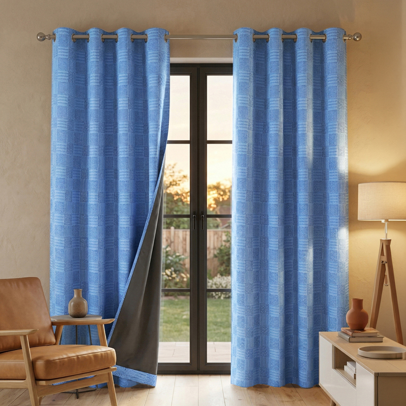 Meya Self Design Cotton Curtains With Lining (Blue) - Set of Two - Door - 7 Feet