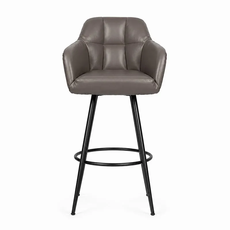 Front view of dark grey upholstered bar chair with black metal legs