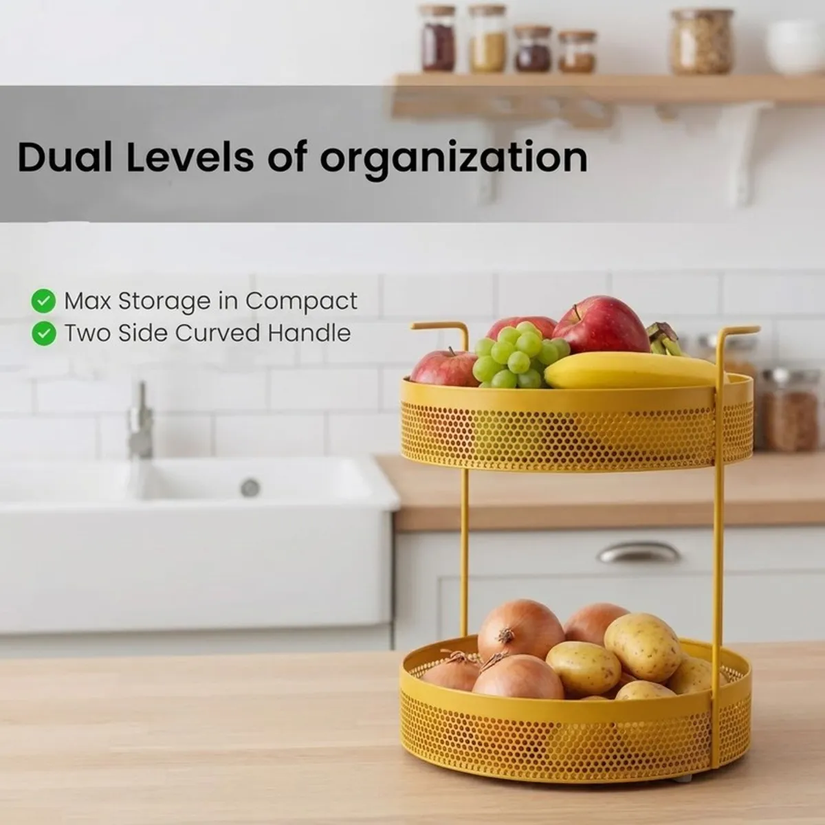 Yellow two-tier organiser displaying fruit and vegetables on a counter