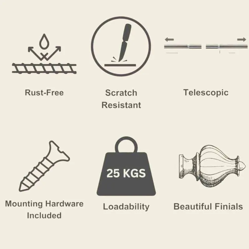Icons showing rust-free, scratch-resistant and telescopic rod features