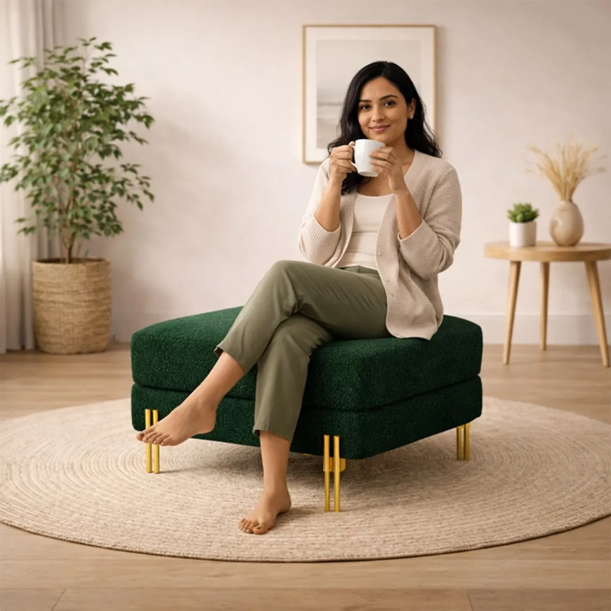 Woman seated on a green bouclé ottoman with gold legs