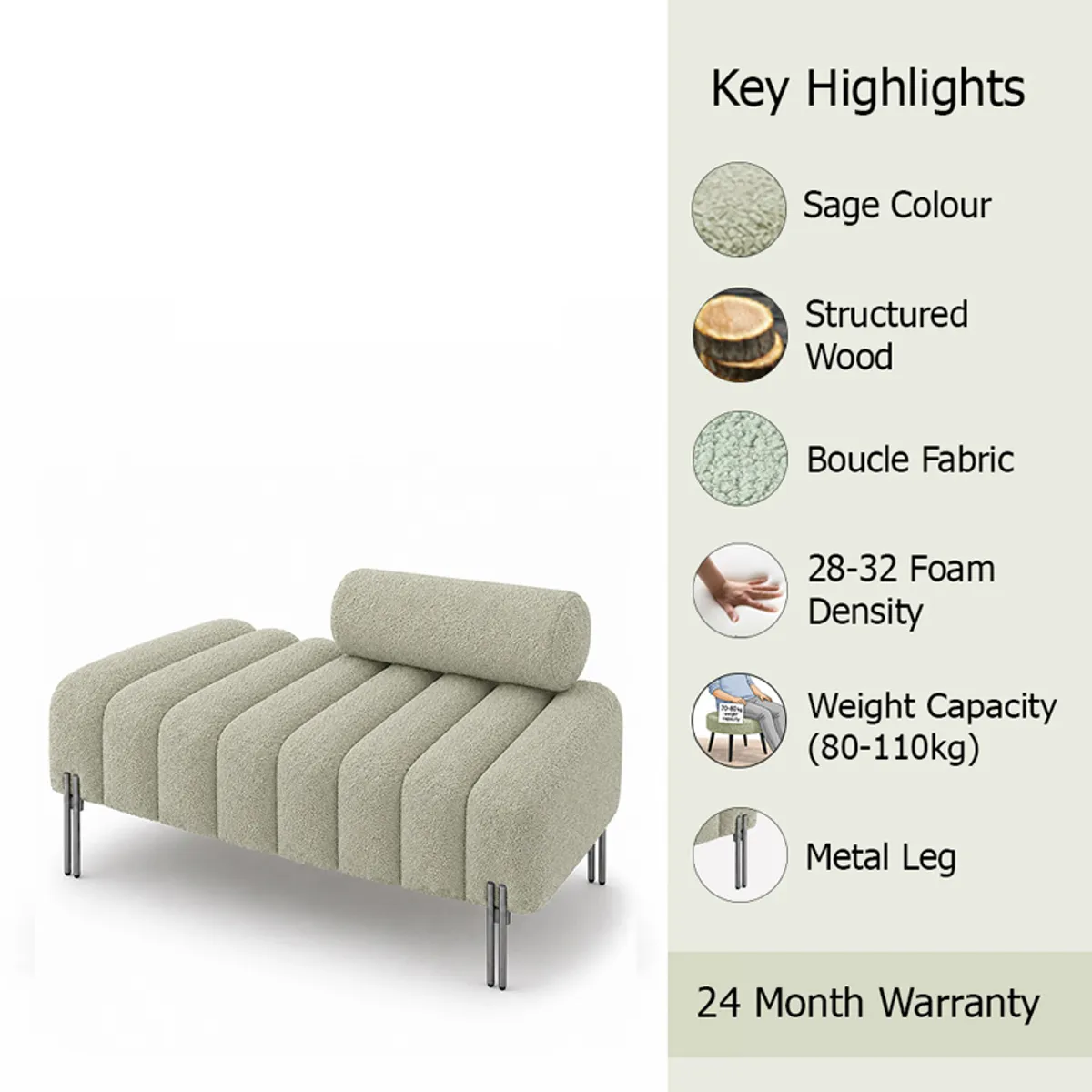 Sage green bouclé bench shown at an angle on a white background