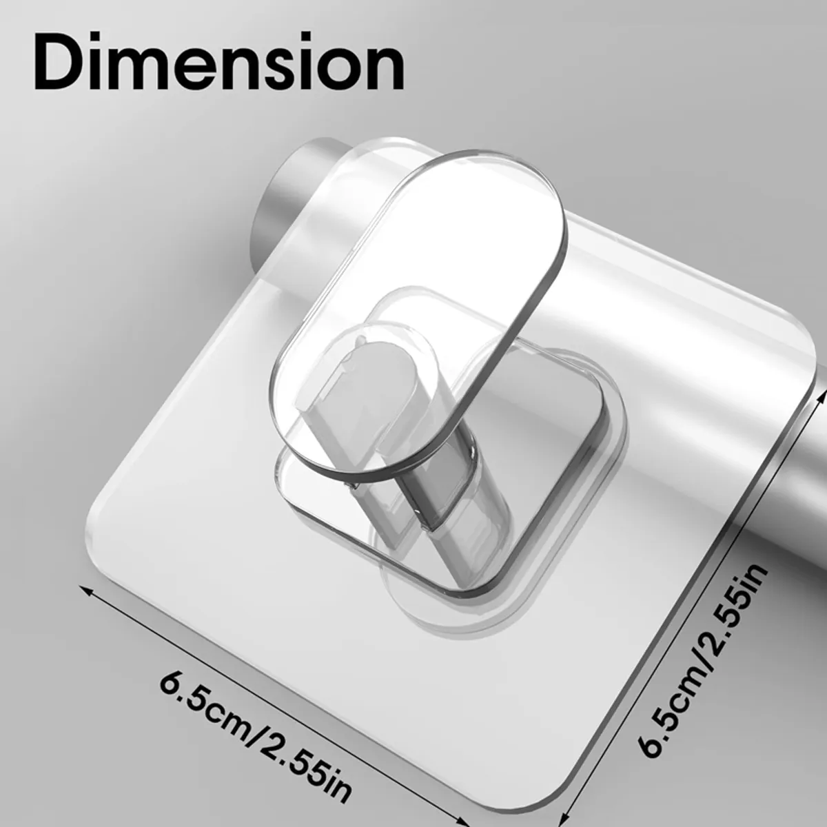 Close-up of a white and transparent wall hook with visible 6.5 cm dimensions.