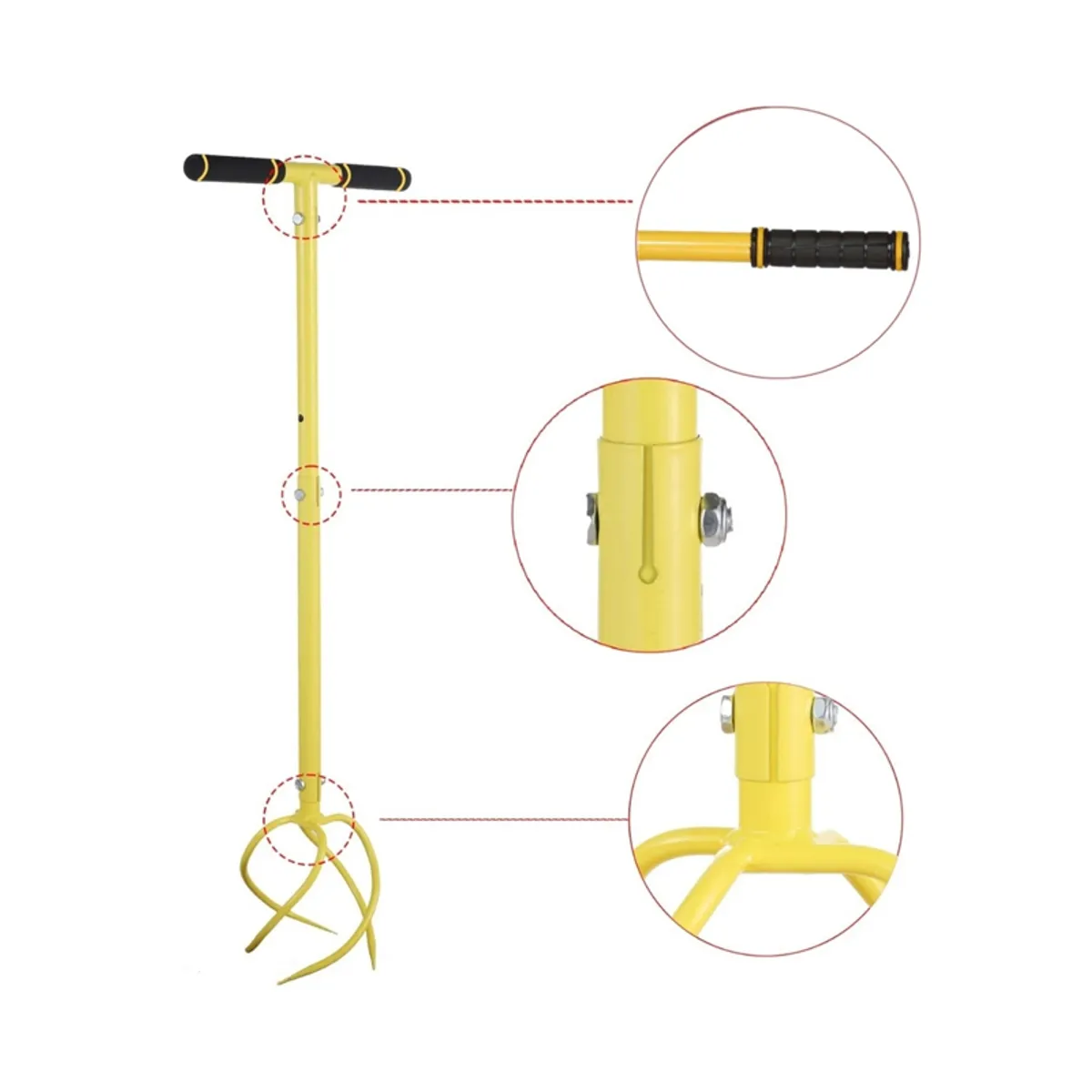 Yellow soil auger with close-up views of its handle and assembled joints