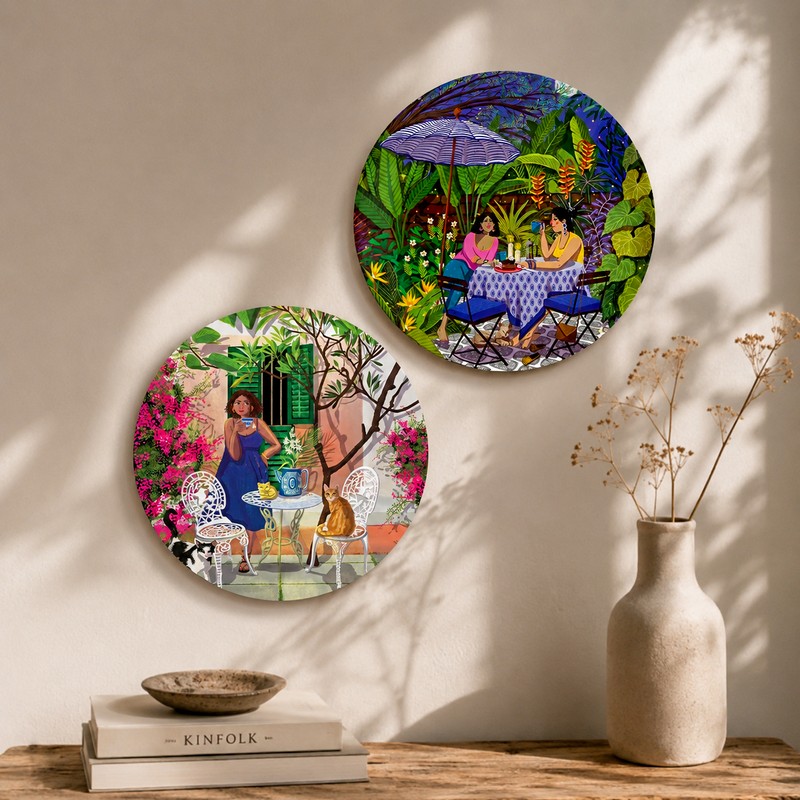 Courtyard Reverie Ceramic Wall Plate - Set of Two