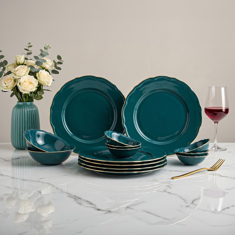 Westcott Porcelain Dinner Set (Dark Teal & Gold) - 14 Piece Set