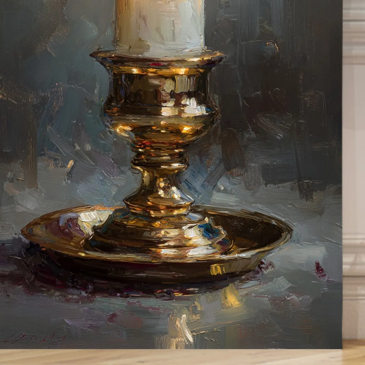 Close-up of the candlestick and tray in the candle canvas painting