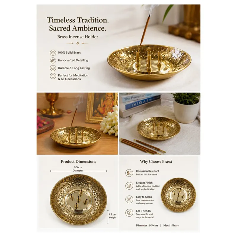 Collage showing a brass incense holder styled in prayer and meditation settings