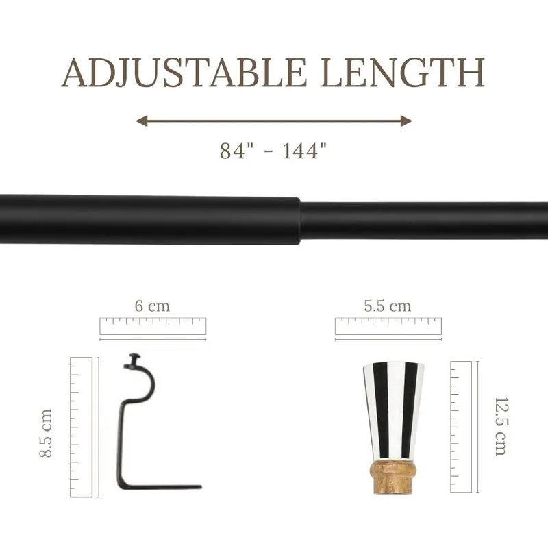 Extendable black curtain rod shown in telescopic form