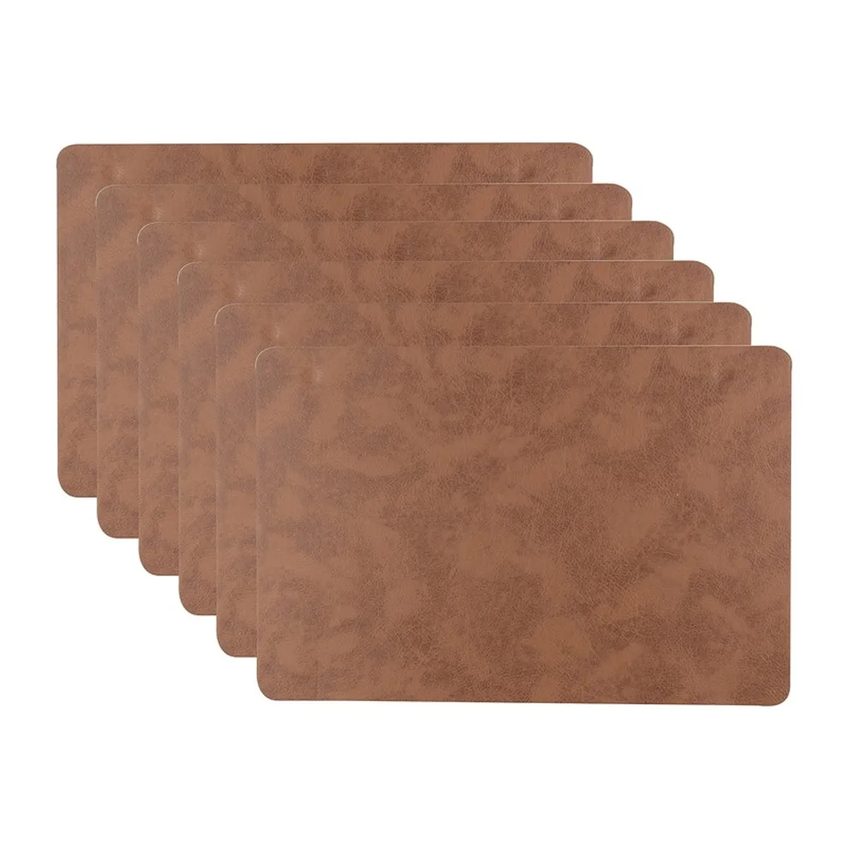Set of six brown rectangular table mats stacked in a fan arrangement