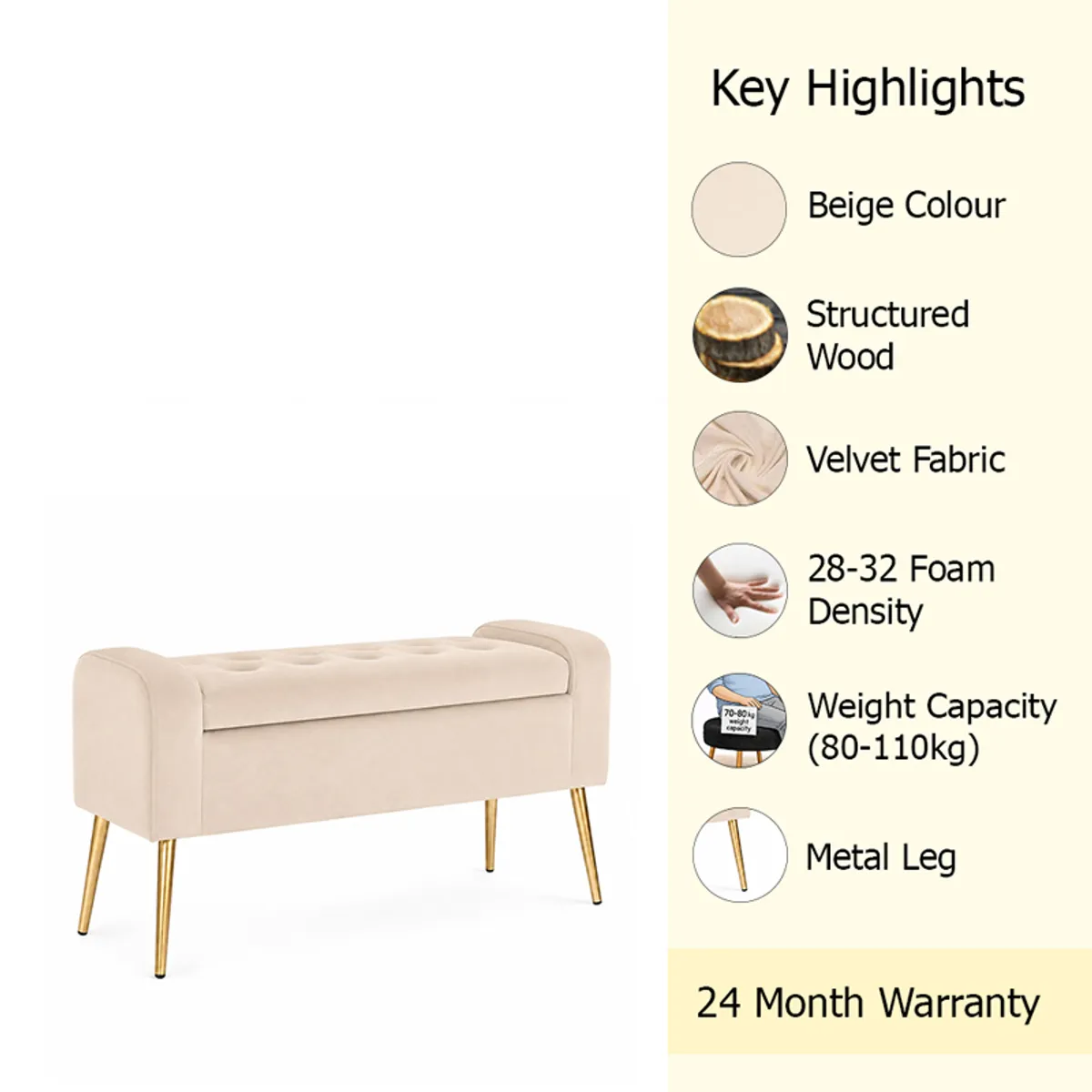 Product highlight graphic showing the beige bench with visible material details.