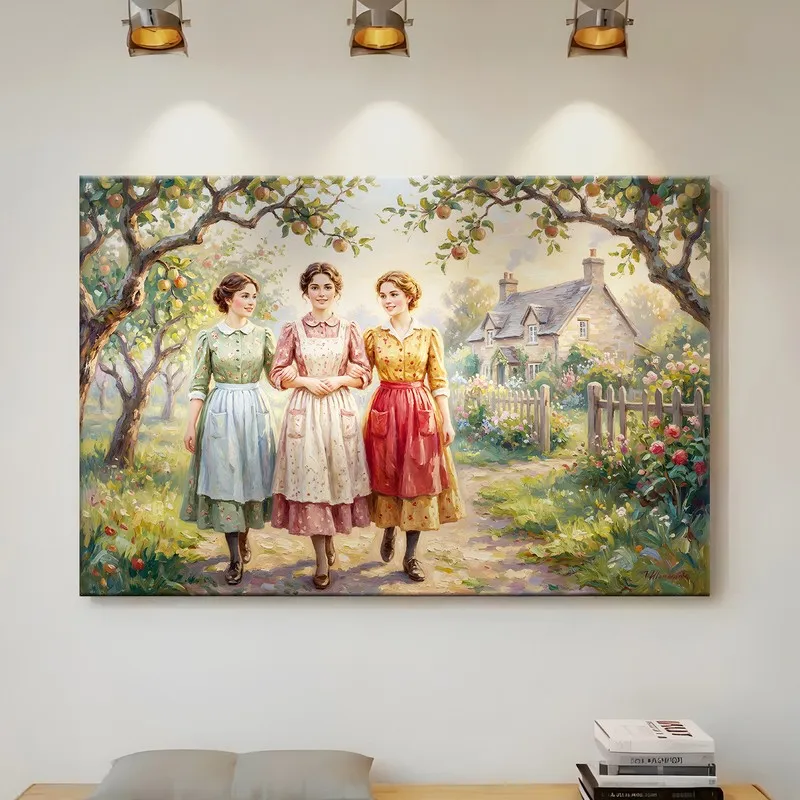 Large framed canvas art with three women walking beside a cottage and blooming flowers