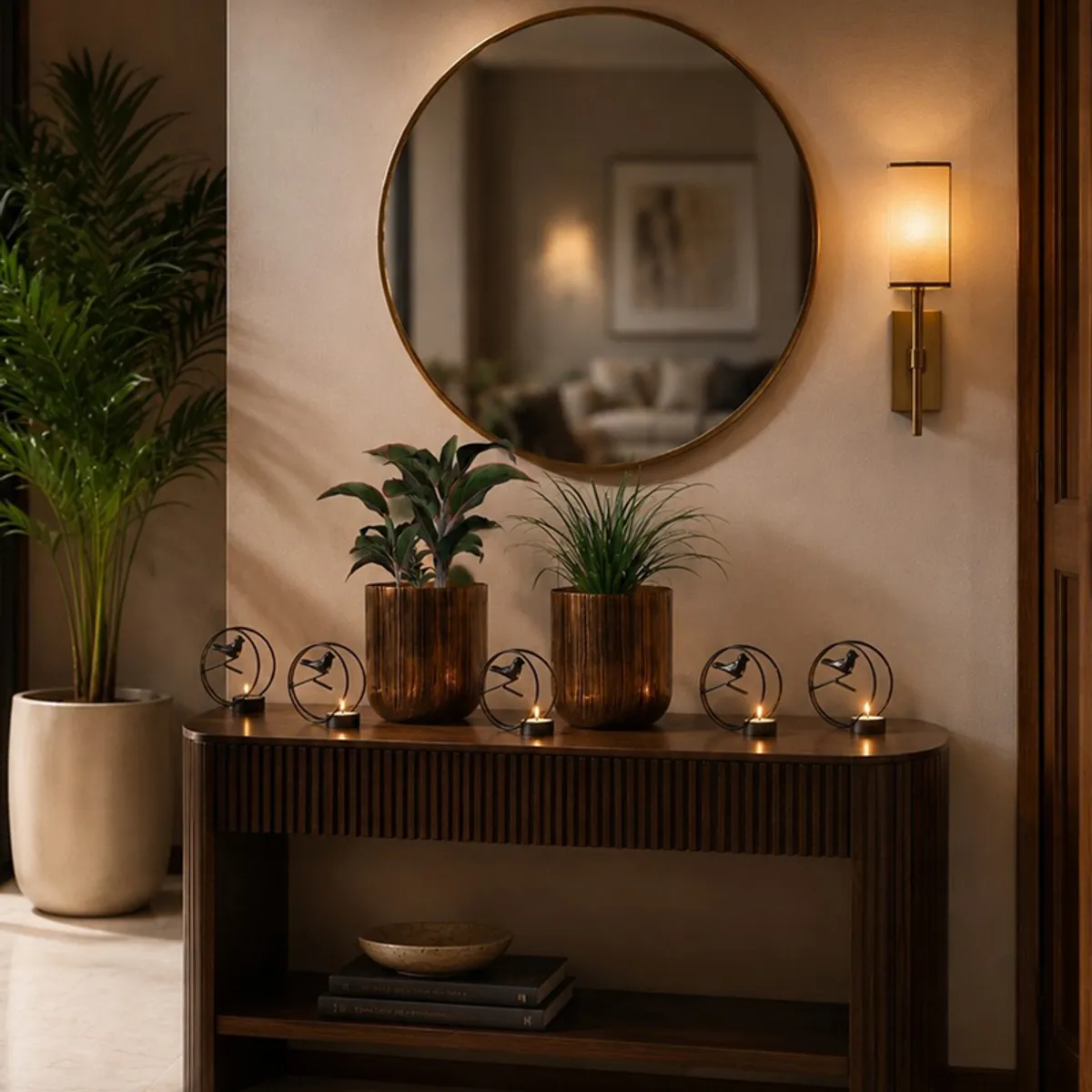 Two planters and four bird tealight holders styled on a console table