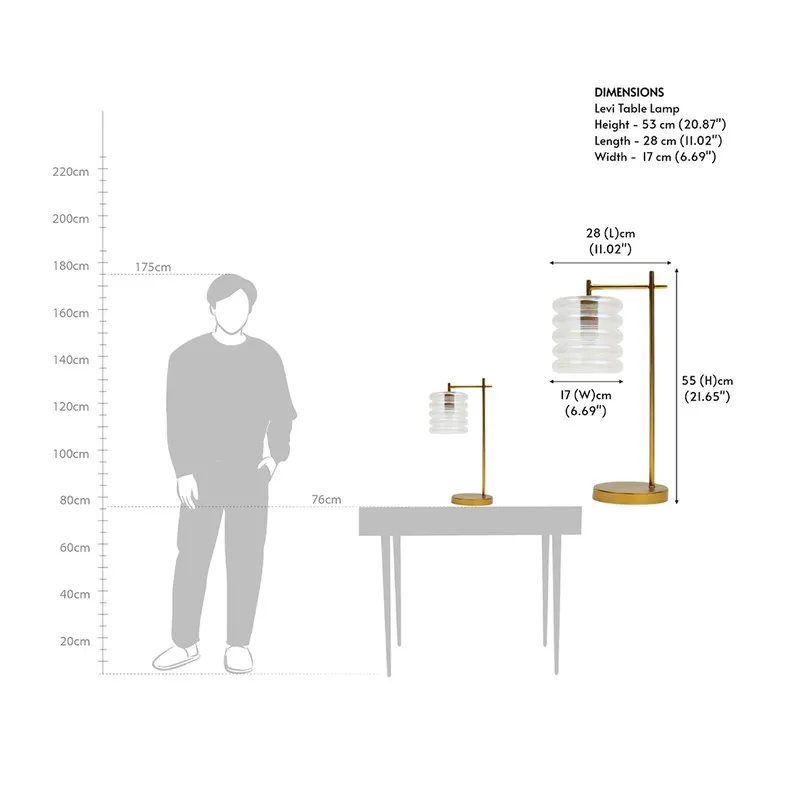Dimension reference image for transparent ribbed glass table lamp