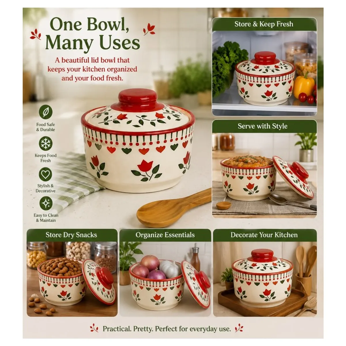 Floral ceramic bowl shown in serving and kitchen storage settings with accessories.