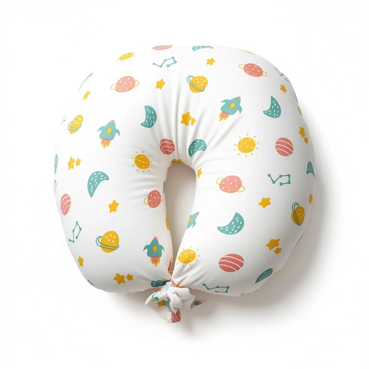 White U-shape feeding pillow with colourful space-themed print