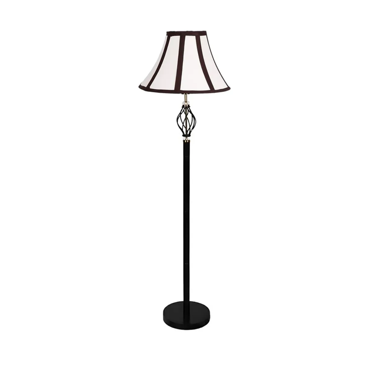 Front view of a black floor lamp with a white paneled shade on a plain background