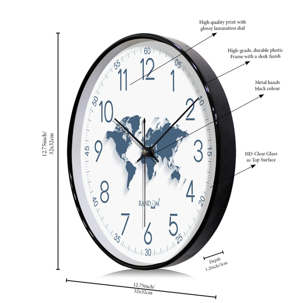 Angled product view showing the clock's round frame, world-map dial and wall-clock hands.