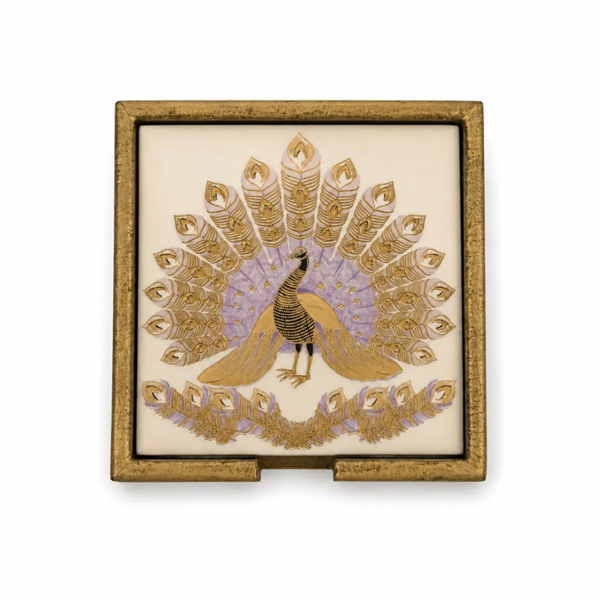 Single square peacock coaster with ornate gold-toned border