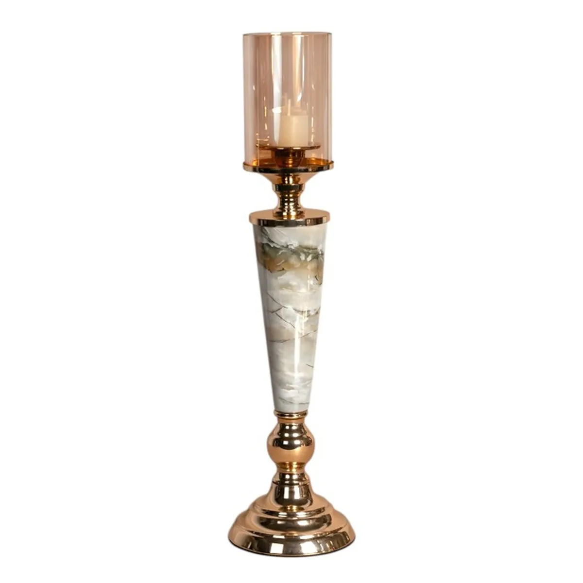Single tall gold and white marble candle holder shown against a white background